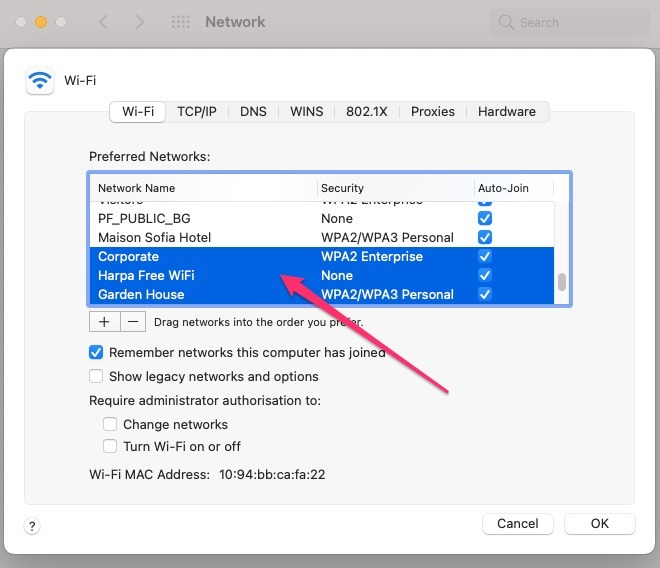 Screenshot showing how to forget multiple Wi-Fi Networks on Mac