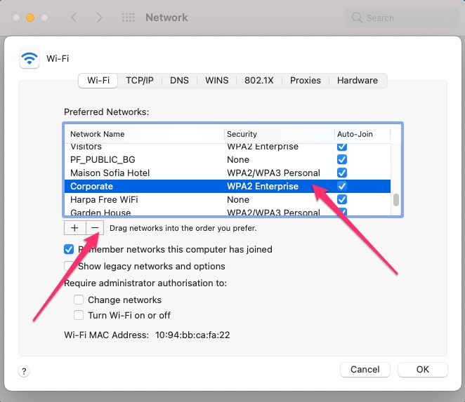 Screenshot showing how to forget a selected wireless network on Mac