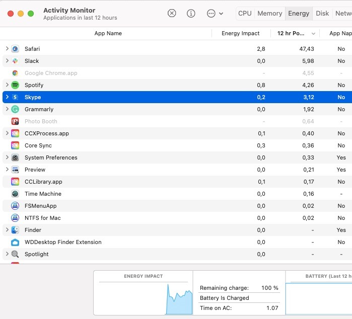 Screenshot showing the activity monitor on Mac