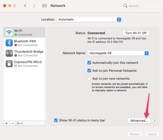 Screenshot showing how to get to advanced Network settings on Mac