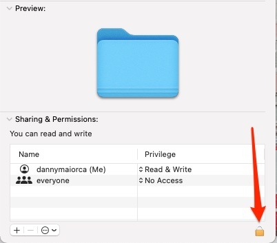 Screenshot pointing to the padlock in Mac so users can update their permissions