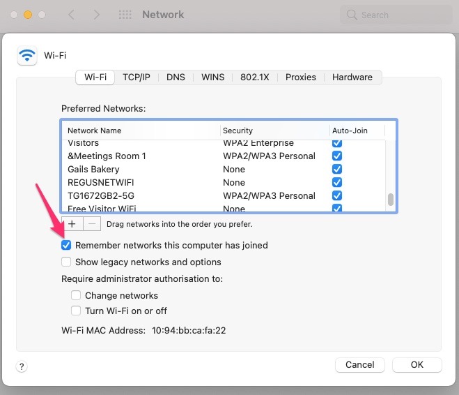 Screenshot showing how to forget networks automatically 