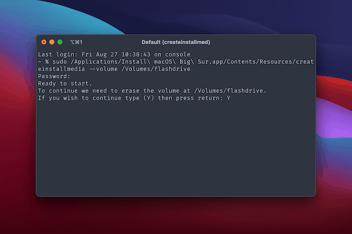 Confirming the USB drive erasing within Terminal.