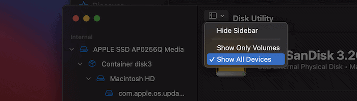 Showing all devices within Disk Utility.