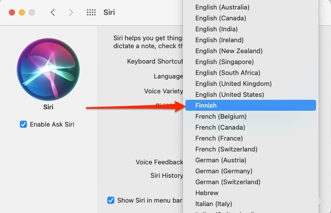 Siri Change Language Mac Highlighted