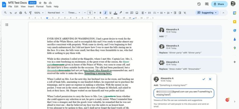 Adding suggestions to Google Docs document.