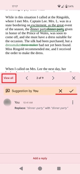 Rejecting or accepting revisions in Google Docs app for Android.