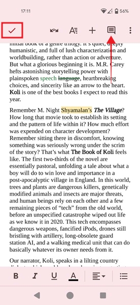 Checking revision bubbles in Google Docs app for Android.