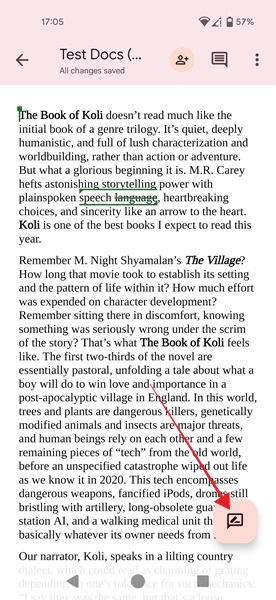Tapping on Edit button in Google Docs app for Android.