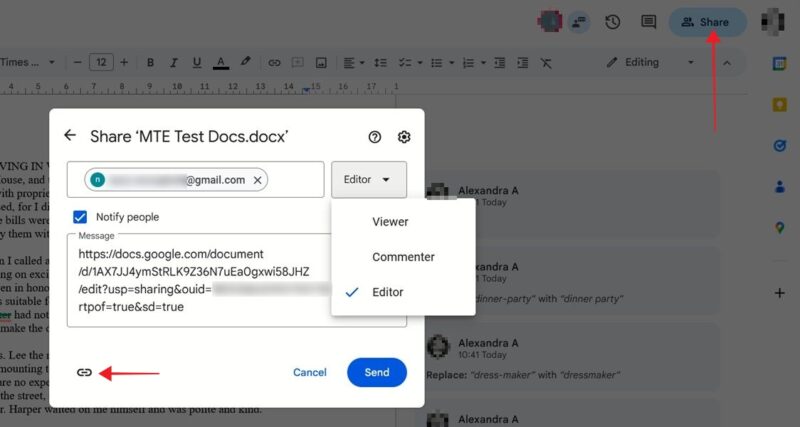 Sharing edited document via Google Docs.
