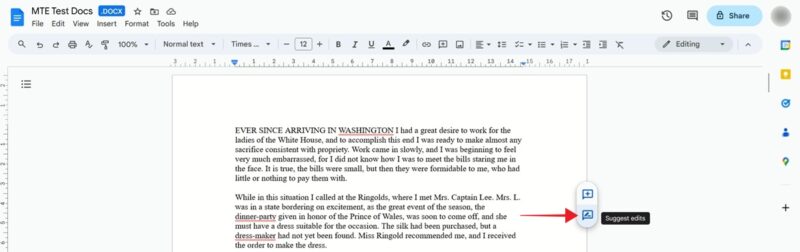 Clicking on "Suggest edits" button on the side of a document in Google Docs.