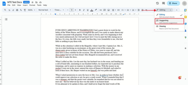 Switching to Suggesting mode in Google Docs.