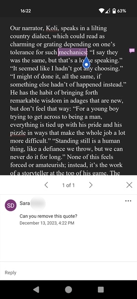 New comment view in Word app for Android.