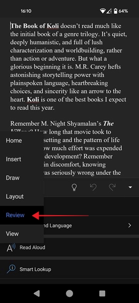 Pressing on "Review" in list of options Word app for Android.