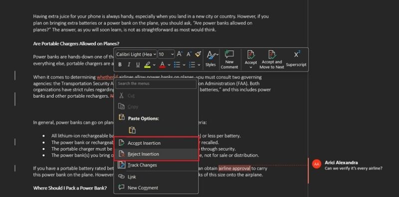 Accepting and rejecting change in Word app for desktop.