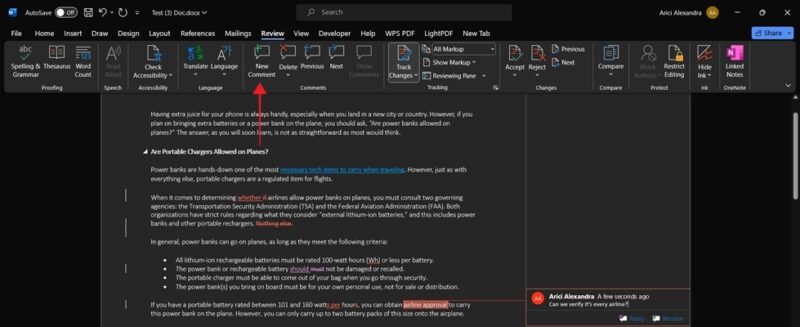 Adding a new comment in Word desktop app.