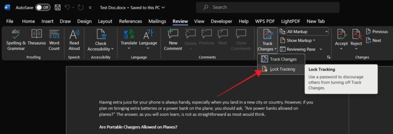 Clicking on "Lock Tracking" option under "Track Changes" in Word app for desktop.