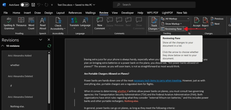 Clicking on "Reviewing Pane" button in Word desktop app.