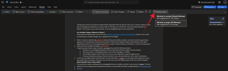 Clicking on "Markup View" in Word for web.