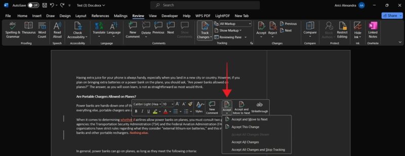 Toolbar with more Accept changes option in Word app for desktop.