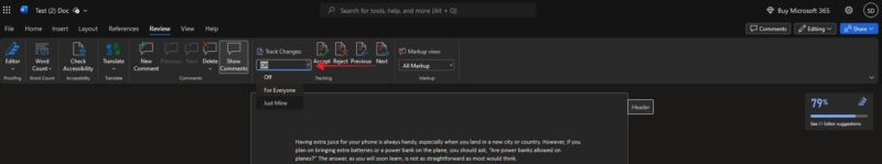 Enabling Track Changes in Microsoft Word for web.