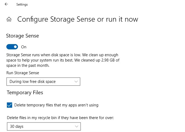 Clean Up Make Space Windows 10 C Drive Storage Sense "Configure Storage Sense or Run it now" option visible.