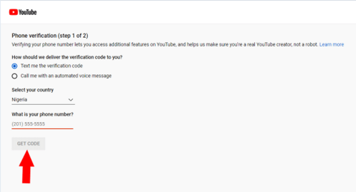 Verify Youtube Click Get Code Button