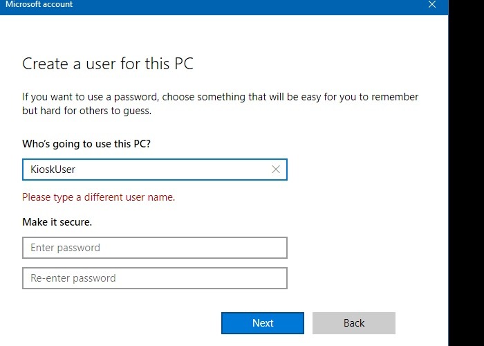 Windows Kiosk Add User Create Pc User Password Error