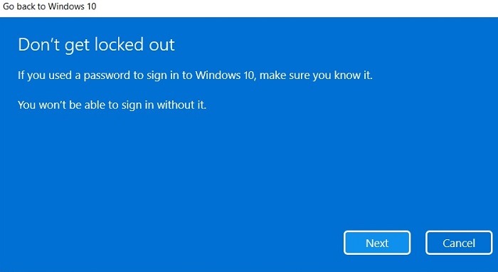 Windows11 Roll Back Windows10 Password Warning