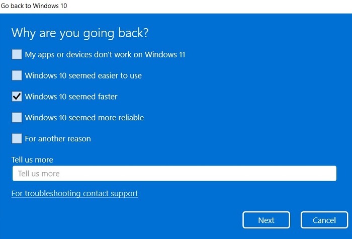 Windows11 Roll Back Windows10 Survey Question