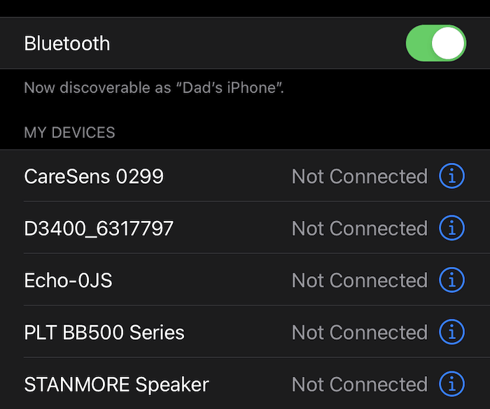 The iOS Bluetooth settings.