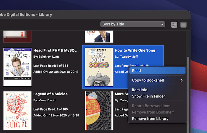 Choosing a read a book in the Adobe Digital Editions app.