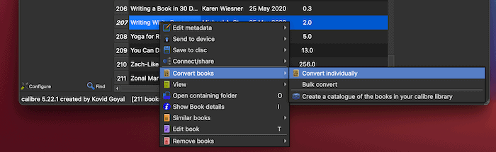 The Calibre right-click context menu.