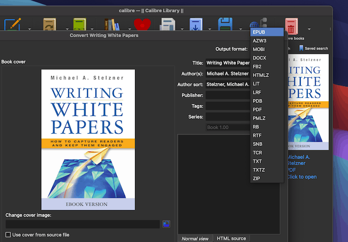 Selecting an output format in Calibre.