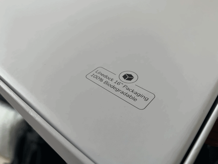 A biodegradeable notice on the Linedock packaging.