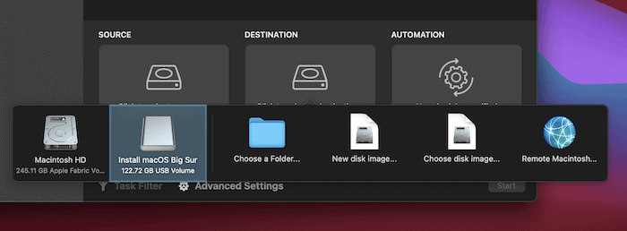 Choosing a destination drive in Carbon Copy Cloner.