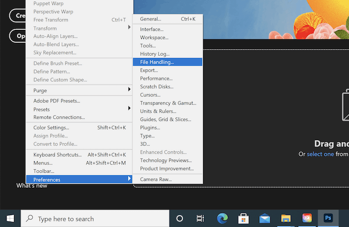 The File Handling link on Windows.