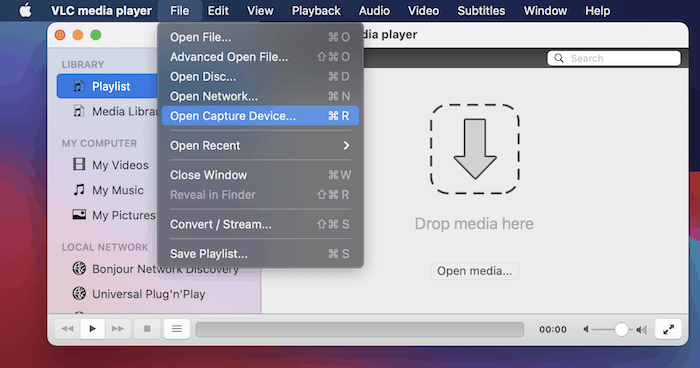 The Open Capture Device link in VLC.