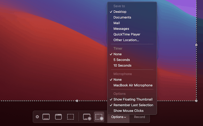 The Screenshot options.
