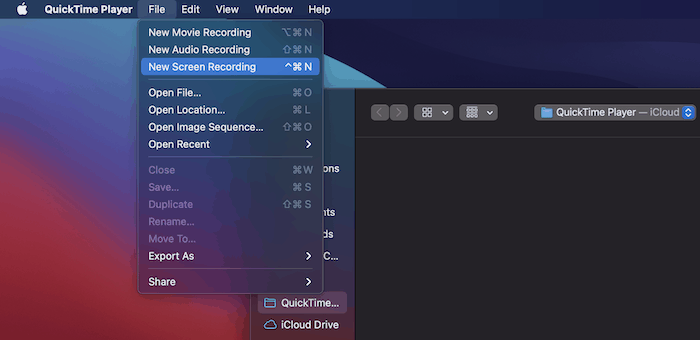 Choosing a new screen recording in QuickTime Player.