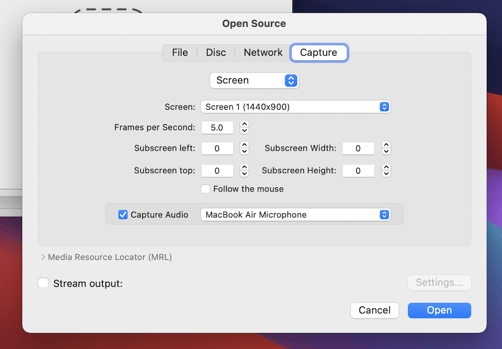 The Screen drop-down in VLC.
