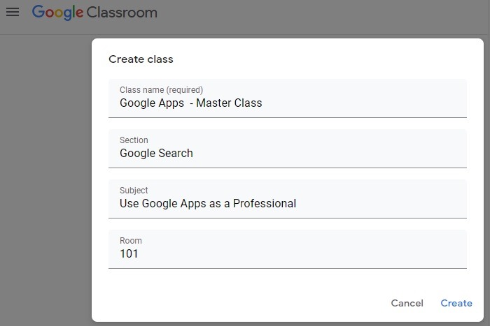 Google Classroom Create Class Example