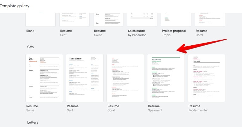 Google Docs Resume Template Gallery Selection