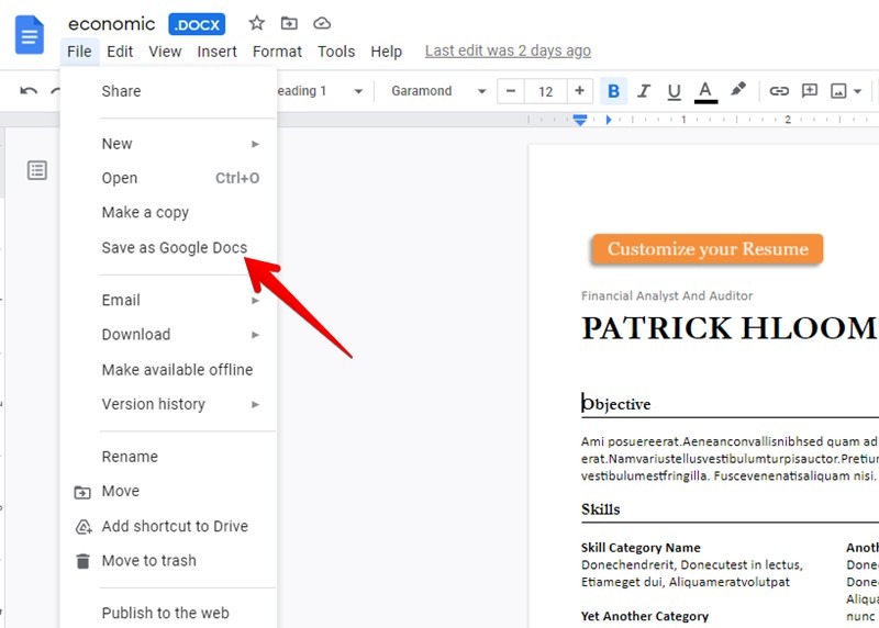 Google Docs Resume Template Word Convert