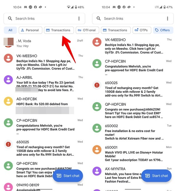 Google Messages Categories