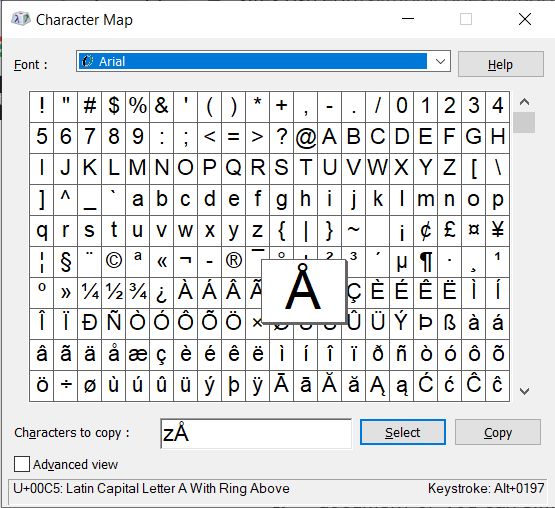 Run Commands Character Map