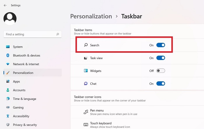 Windows11 Stuck Personalization Taskbar Items Search Enabled