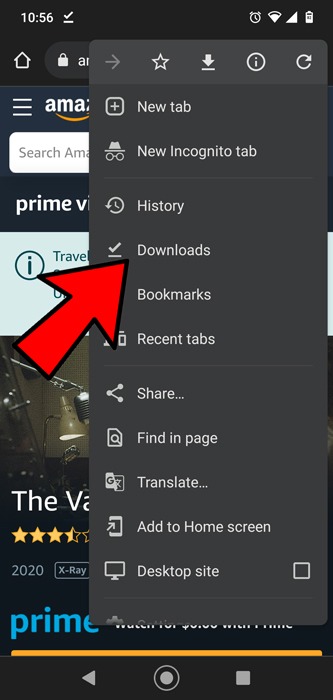 Chrome settings menu with Downloads highlighted.