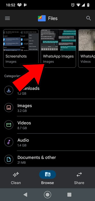 WhatsApp image folder in Files app.