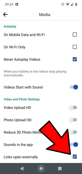 Open Links External Browser Facebook App Checkbox